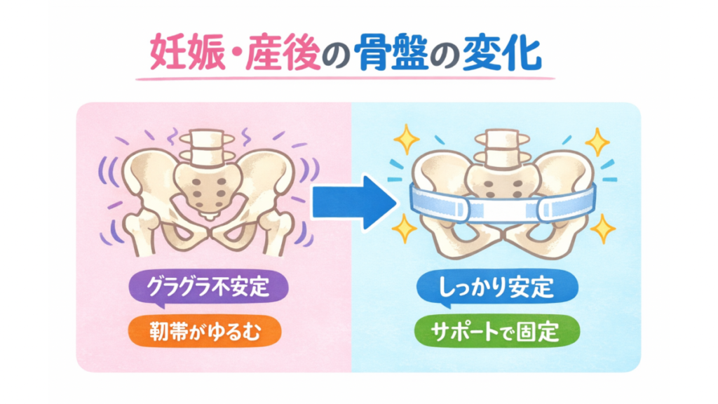 産後の骨盤の緩みと骨盤ベルトによる安定効果のイメージ図