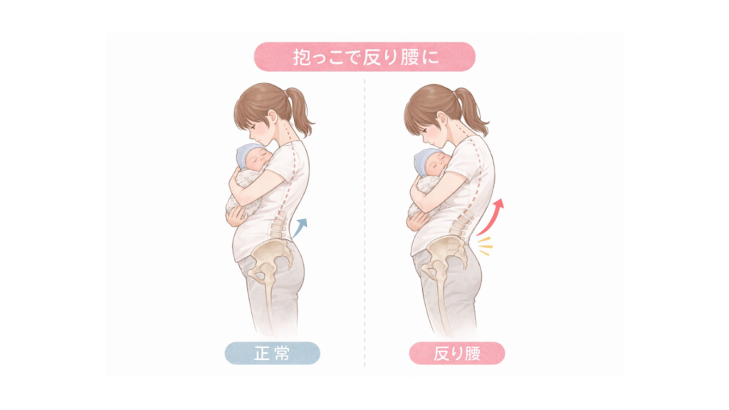 産後の抱っこによる反り腰の原因を解説する横向き比較イラスト