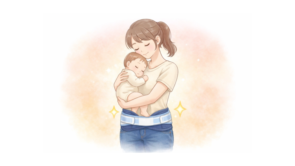 "トコちゃんベルトで骨盤を安定させながら赤ちゃんを抱っこするママのイメージ"