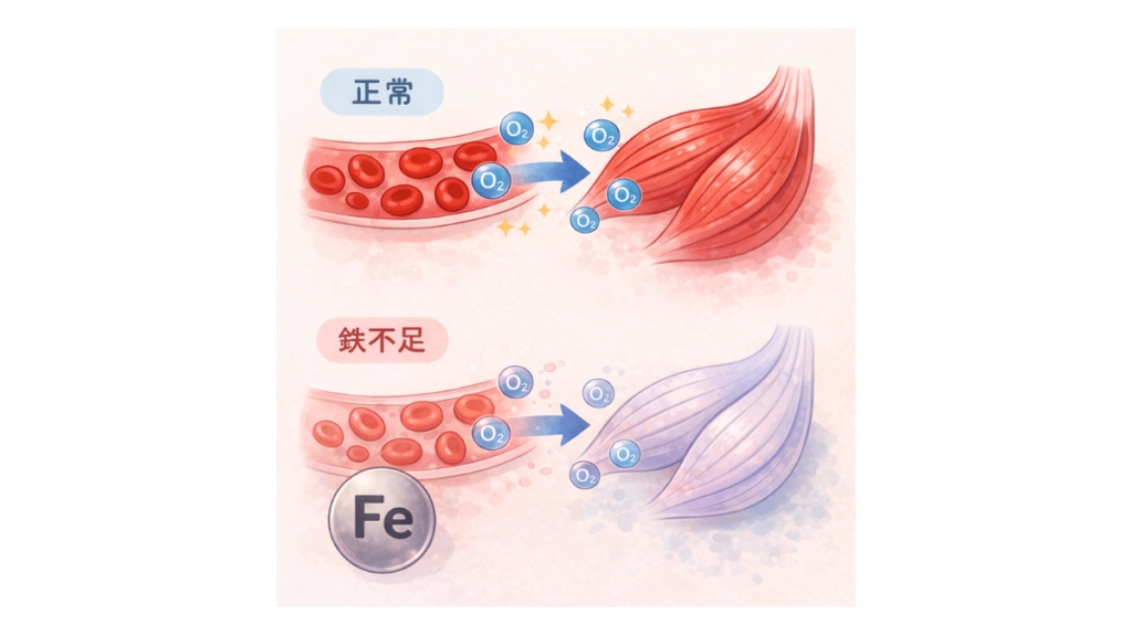 鉄不足と筋肉への酸素供給の比較図｜正常時は酸素が筋肉に十分届くが、鉄不足では酸素運搬が低下して筋肉が弱まることを示すイラスト