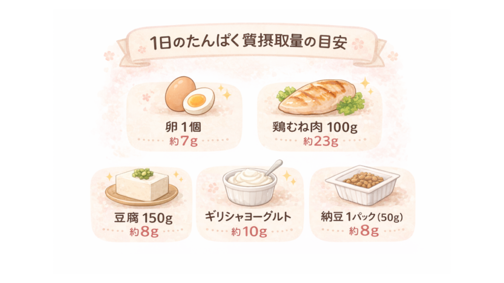1日のたんぱく質摂取量の目安を食材別に示した一覧｜卵・鶏むね肉・豆腐・ギリシャヨーグルト・納豆のたんぱく質量