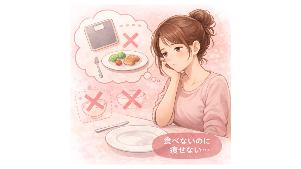 食べないのに痩せないと悩む産後ママのイラスト｜食事制限と体重計のイメージ