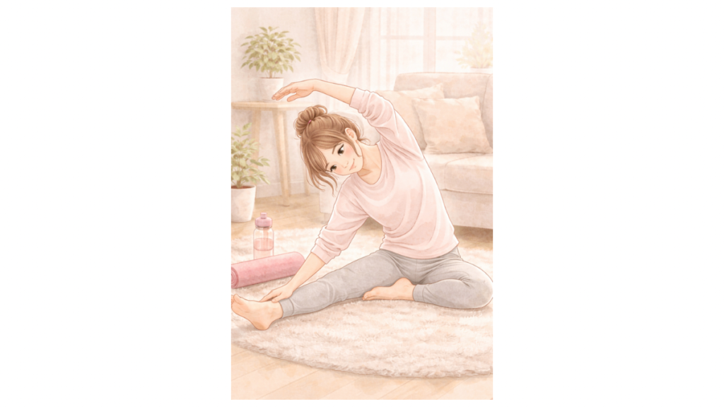 自宅のリビングで産後ストレッチをする産後ママのイラスト｜猫背改善のセルフケアイメージ