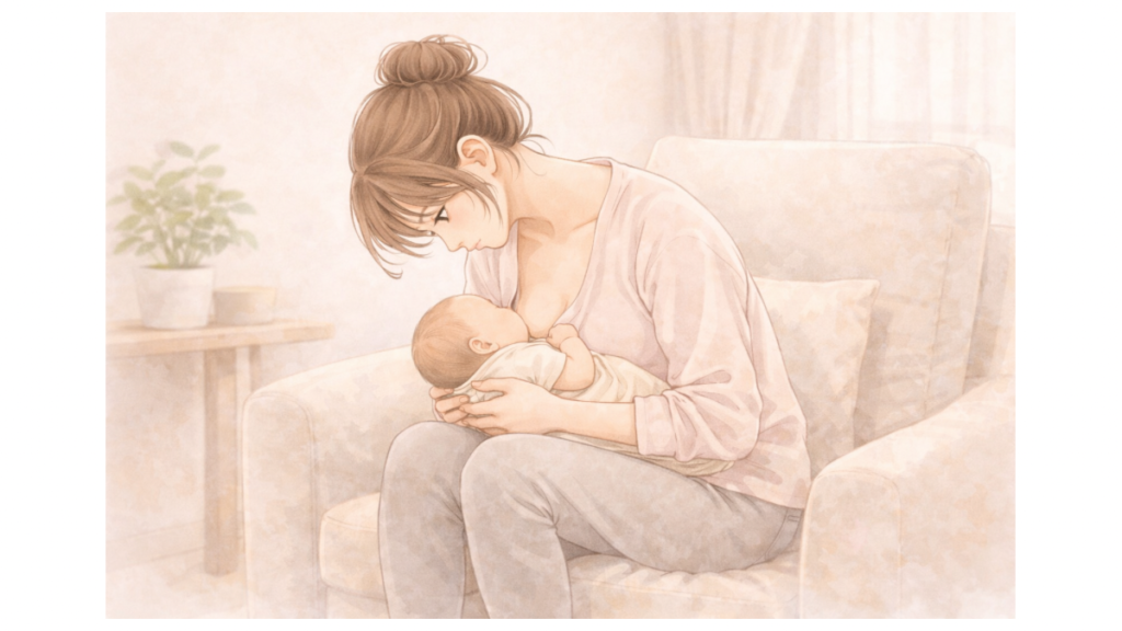 産後に猫背がひどくなった授乳中のママのイラスト