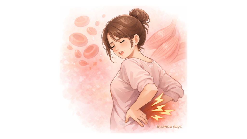 鉄不足と産後腰痛の関係を解説する記事のイラスト｜腰に手を当てて辛そうなママと赤血球のイメージ