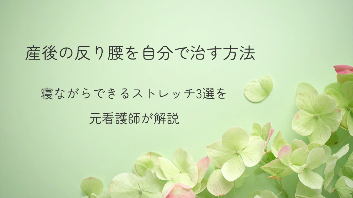 産後の反り腰を自分で治す方法｜寝ながらできるストレッチ3選を解説する記事のアイキャッチ画像（セージグリーン背景と紫陽花）