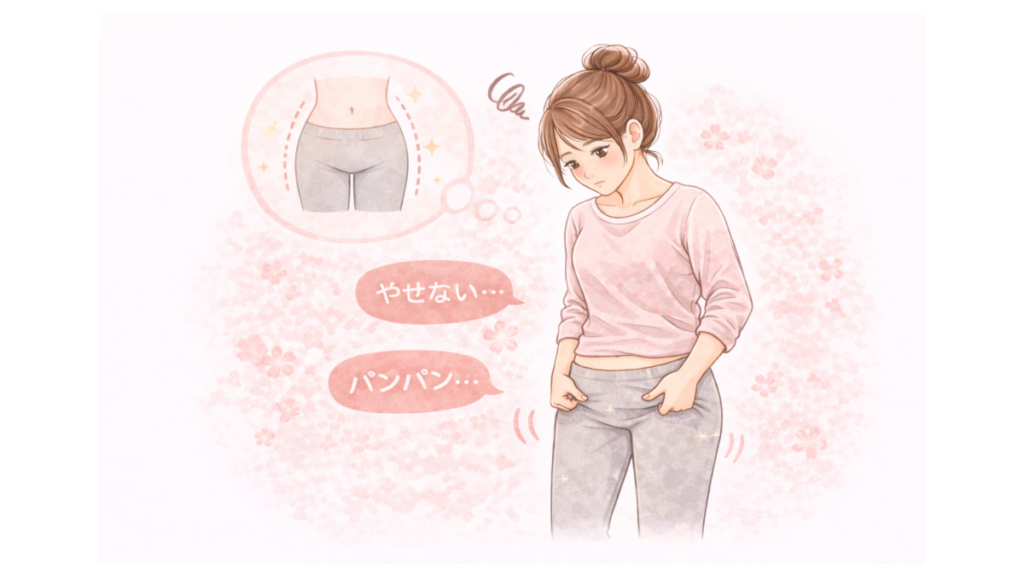 産後に下半身が痩せないと悩む産後ママのイラスト