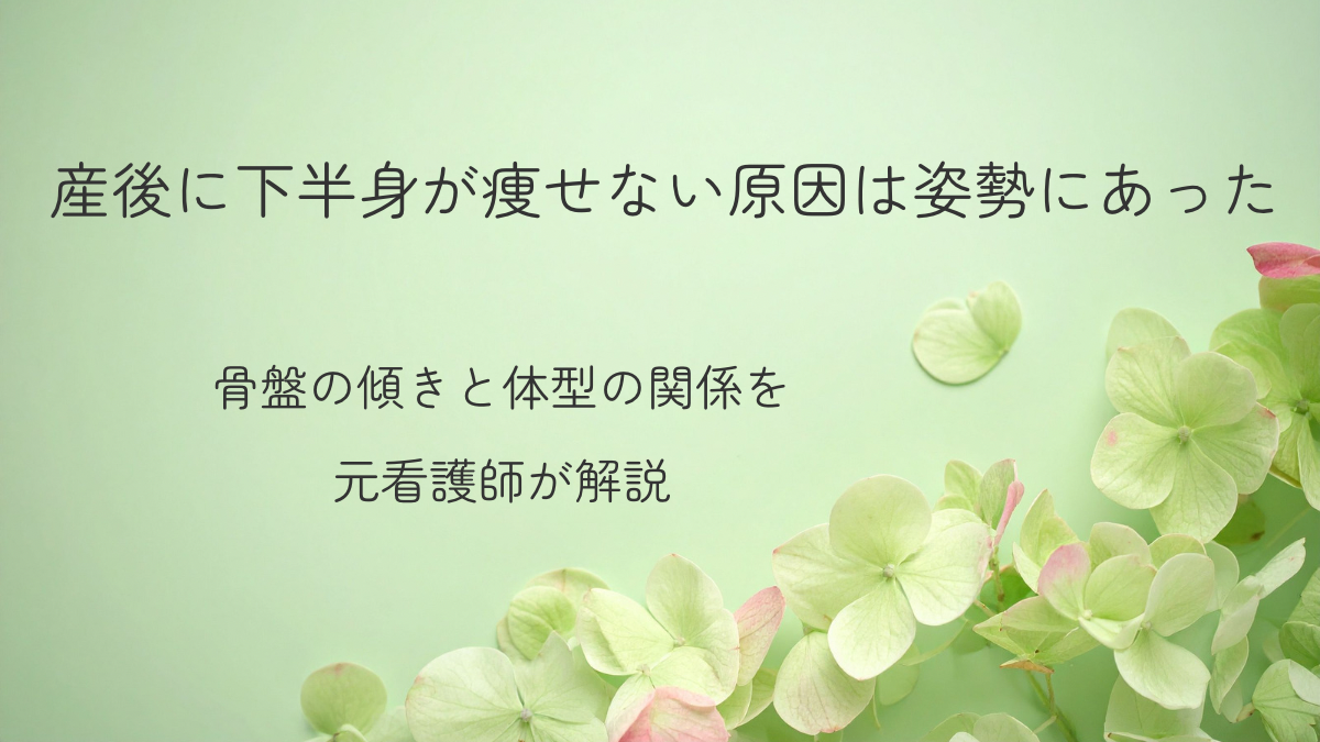 産後に下半身が痩せない原因は姿勢にあった｜骨盤の傾きと体型の関係を解説する記事のアイキャッチ画像（セージグリーン背景と紫陽花）​​​​​​​​​​​​​​​​