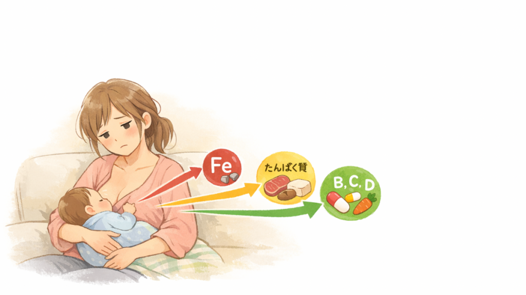 授乳中の産後ママの体から鉄・たんぱく質・ビタミンなどの栄養が赤ちゃんへ向かうイメージイラスト