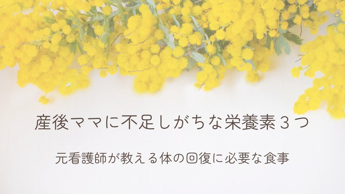 産後ママに不足しがちな栄養素3つを解説する記事のアイキャッチ画像（白背景とミモザ）
