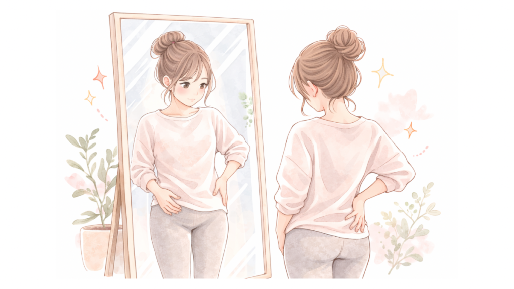 産後の骨盤歪みを鏡でセルフチェックする産後ママのイラスト