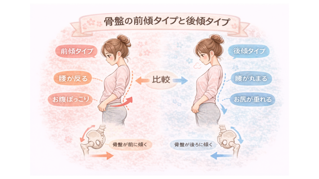 産後の骨盤前傾タイプと後傾タイプの姿勢を比較した図解