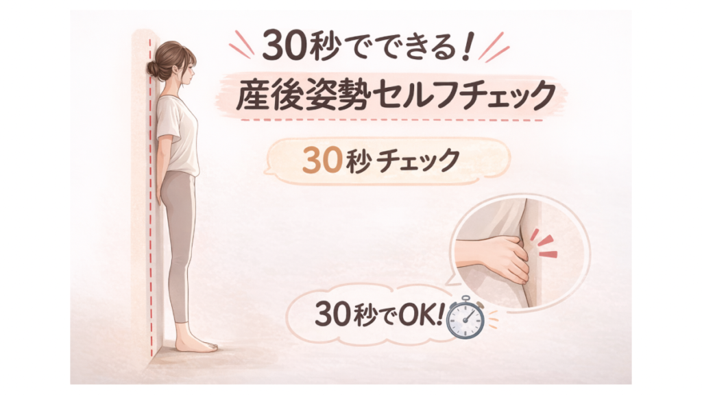 壁に立ってかかと・お尻・背中をつけ、腰のすき間に手を入れて確認する産後ママの姿勢セルフチェックイラスト