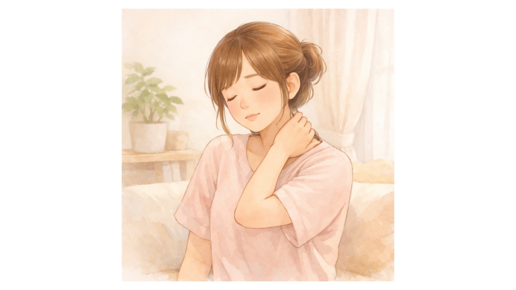 産後の肩こり・首こりで辛そうな産後ママのイラスト