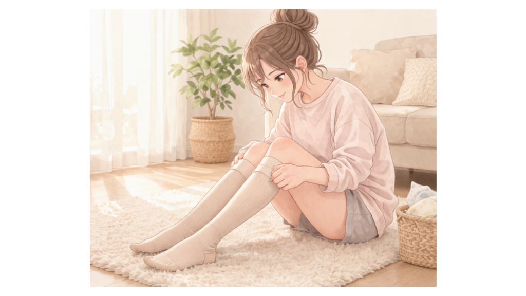 産後の足のむくみをケアする産後ママのイラスト