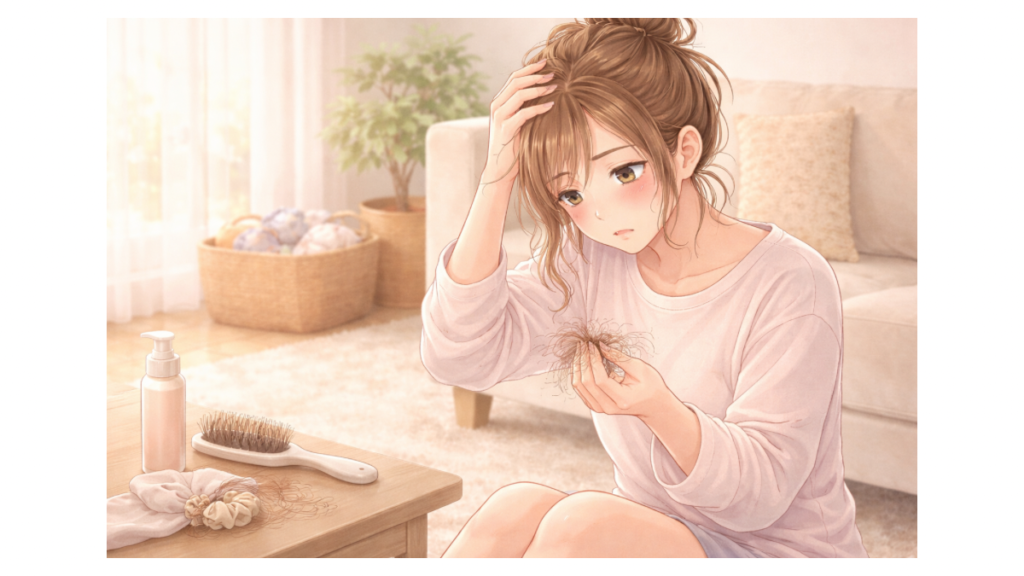 産後の抜け毛がひどくて悩む産後ママのイラスト